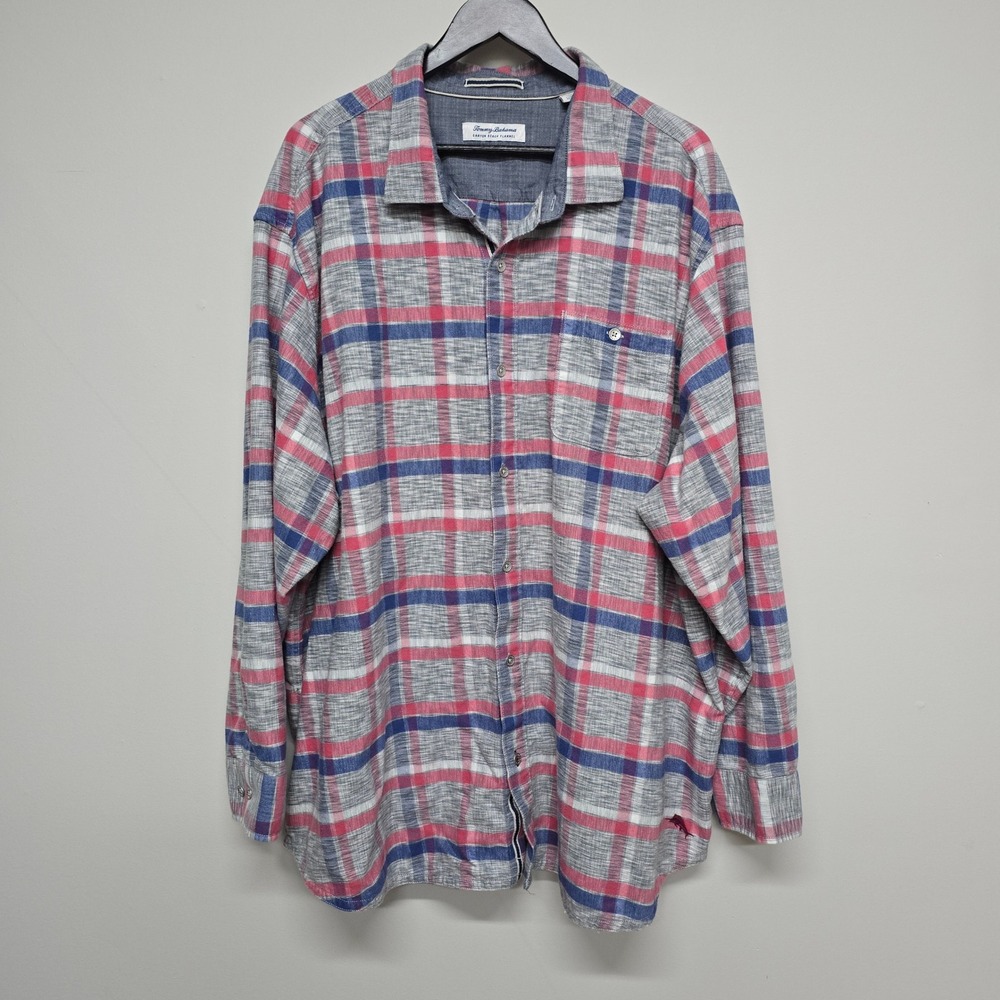 Tommy Bahama Canyon Beach Flannel Shirt Mens 3XLB Red Blue Plaid Cotton Tencel